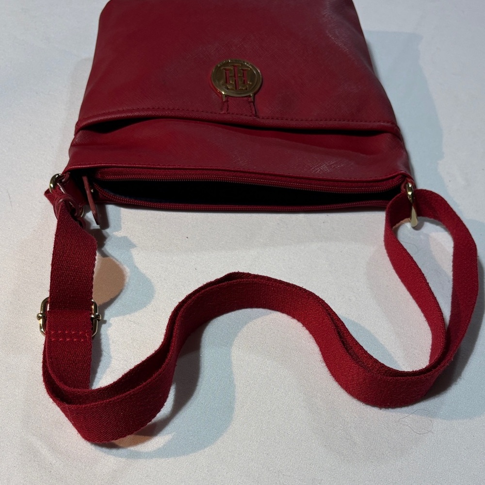 Tommy Hilfiger Red Leather Crossbody Bag Red Canvas Adj Strap - Picture 6 of 13